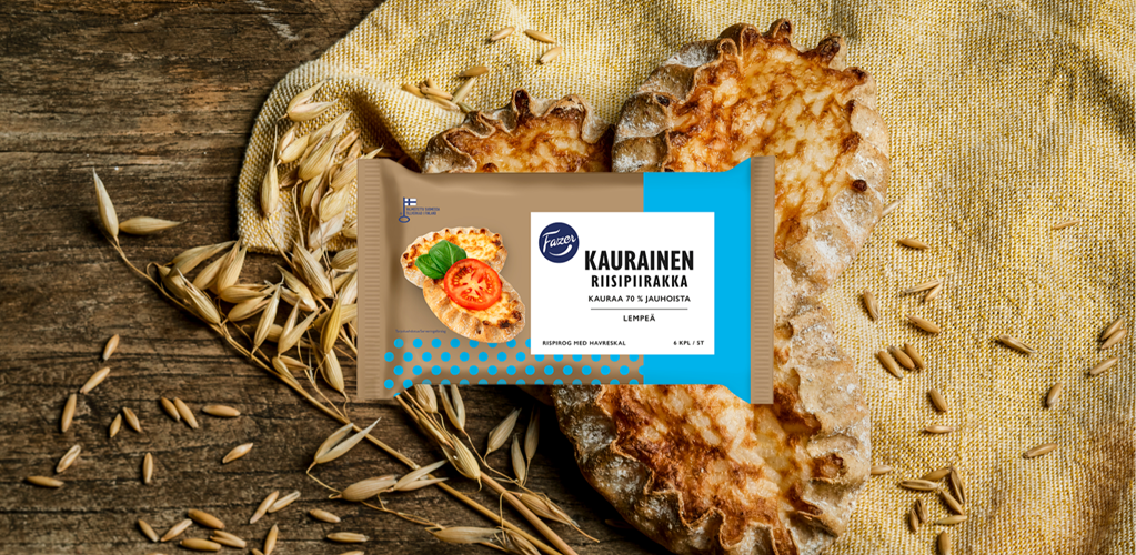 Fazer Kaurainen Riisipiirakat pakataan nyt paremmin kierrätettävään paperipakkaukseen.