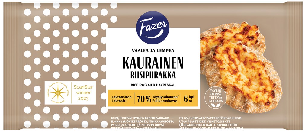 Fazer Kaurainen Riisipiirakat pakataan nyt paremmin kierrätettävään paperipakkaukseen