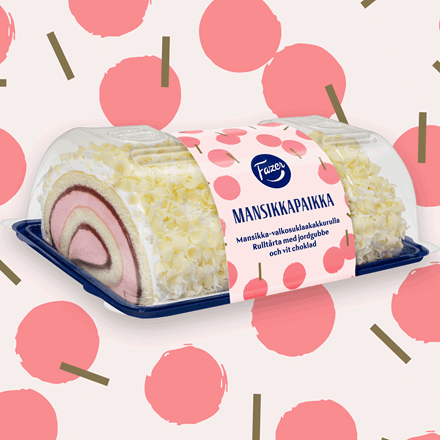 Mansikkapaikkakakkurulla vaaleanpunaisella