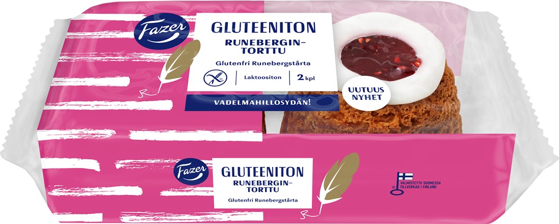 Fazerin gluteenittoman Runeberintortun sisällä on vadelmahillosydän ja päällä vadelmahillo- ja pomadakoristelu.  Tuote on voilla leivottu, mutta ei sisällä mantelia eikä laktoosia. 