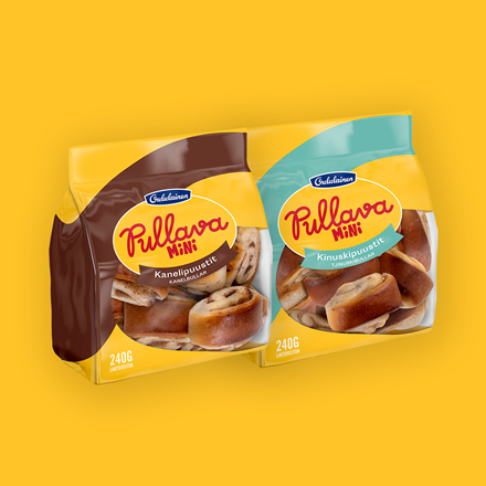 Keltaisella taustalla kaksi Pullava-tuoteperheen uutuustuotetta: Pullava 
