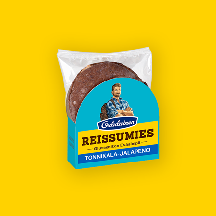 Kuvassa Reissumies Gluteeniton Tonnikala-jalapeno eväsleipä keltaisella taustalla.