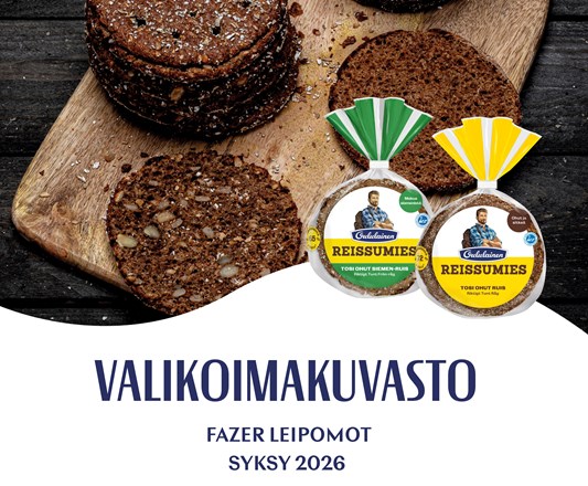 Leipomotuotteiden valikoimakuvasto 9/2026-1/2027. Täältä löydät Fazer Leipomoiden koko tuotevalikoiman tälle vuosijaksolle.