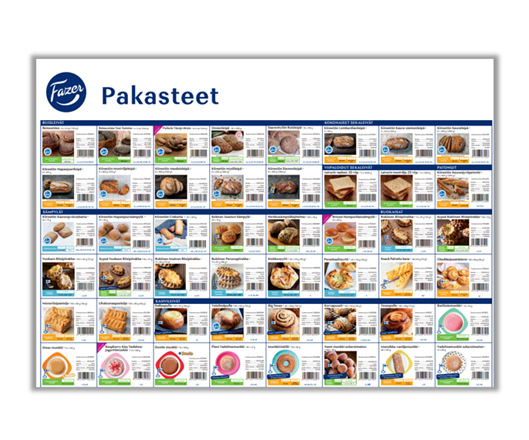 Fazerin Pakastejulisteesta näet tärkeimmät detaljit kaikista Fazerin pakastetuotteista. Julisteesta löytyy selosteet erityismerkeistä, sekä sesonkikalenteri alkuvuodesta kesään asti. 