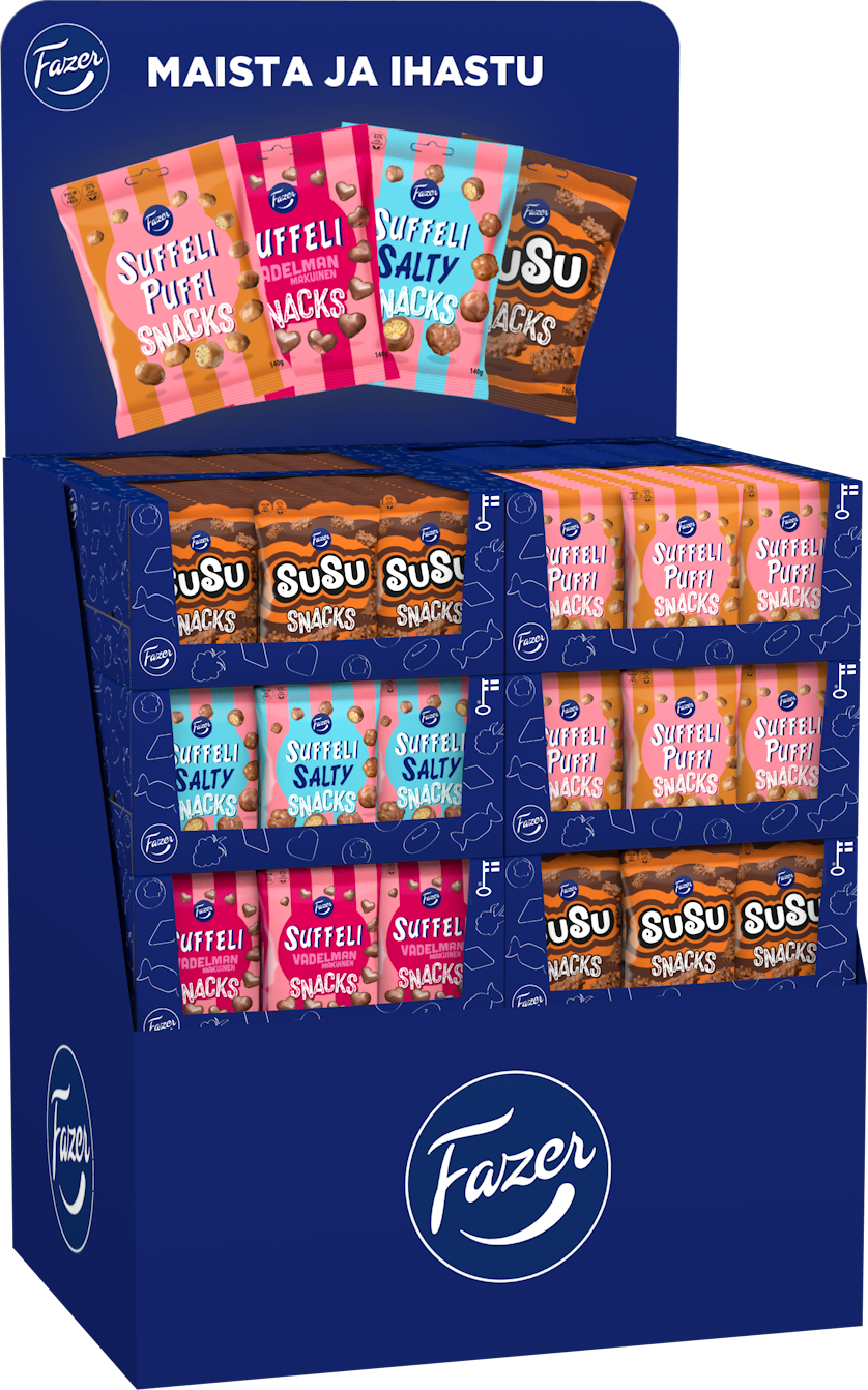 Choco Snacks Suffeli Puffi, Susu Snacks, Suffeli Salty, Suffeli Raspberry pussi 140-160gx195 4var SekaPL