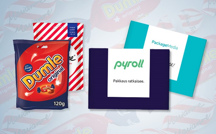 Karkkipaketti omalla logolla ja värillä