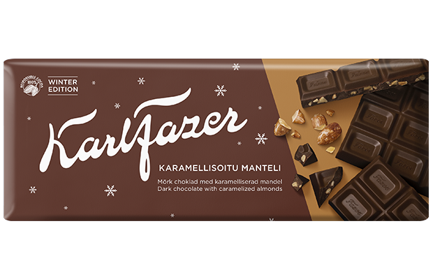 Karl Fazer Karamellisoitu Manteli Tumma Suklaa Winter edition suklaalevy 200 g