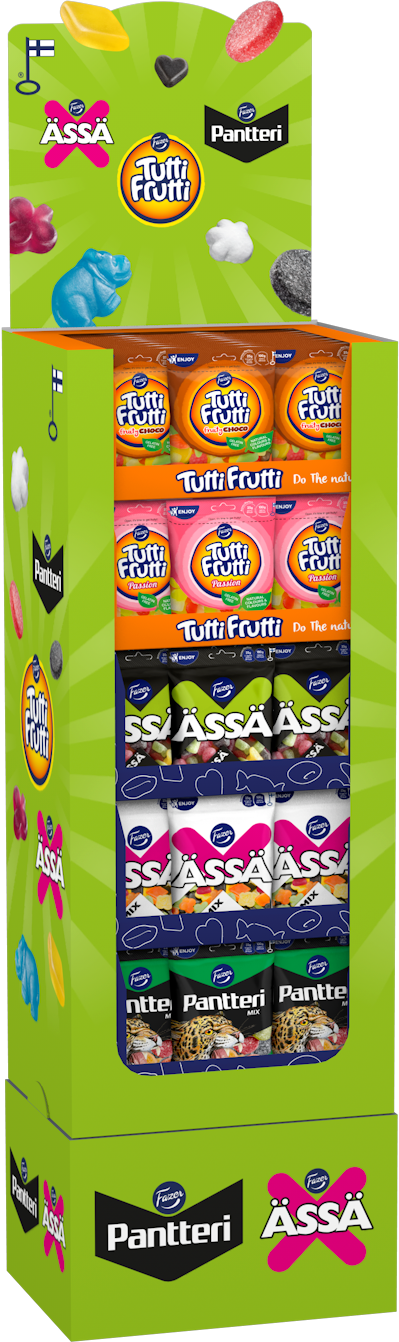 Tutti Frutti Fruity Choco, Tutti Frutti Passion, Pantteri Mix, Ässä Mix, Missä X 170-180gx105 MIXDSP