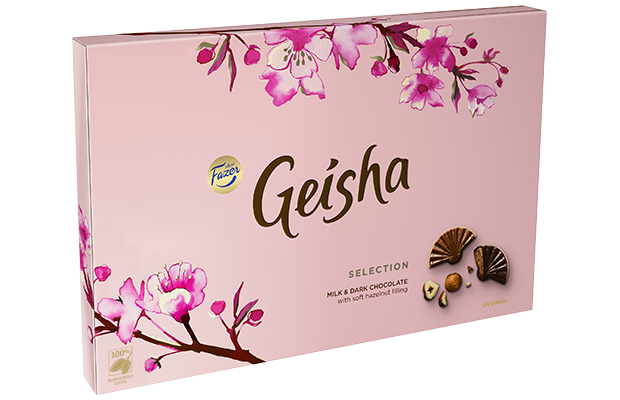 Geisha maitosuklaa ja tumma suklaakonvehteja, joissa hasselpähkinänougattäytettä 200 g