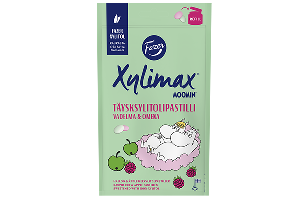 Xylimax Moomin vadelma ja omena täysksylitolipastillit 85g