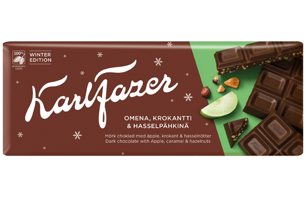 Karl Fazer Apple, caramel &amp; hazelnut in dark chocolate 200 g