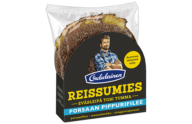 Oululainen Reissumies Eväsleipä Tosi Tumma Porsaan pippurifilee 150g, filled rye bread