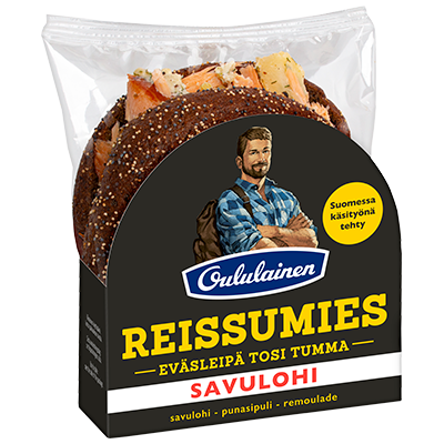 Oululainen Reissumies Eväsleipä Tosi Tumma Savulohi 130g, filled rye bread